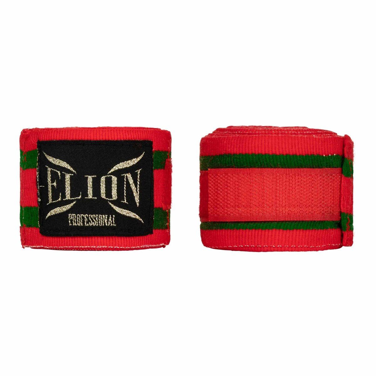 Bandes de boxe ELION 4,5 m rouges et vertes en coton et lycra avec attache pouce et velcro pour protection poignet et métacarpes.