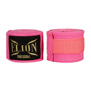 Bandes de boxe ELION roses en coton et lycra de 4,5 m avec attache pouce et velcro pour protection poignet et métacarpes.