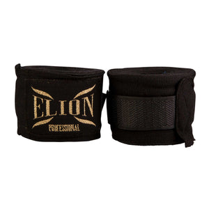 Bandes de boxe ELION noires en coton et lycra avec attache pouce et velcro, protection poignet et métacarpes.