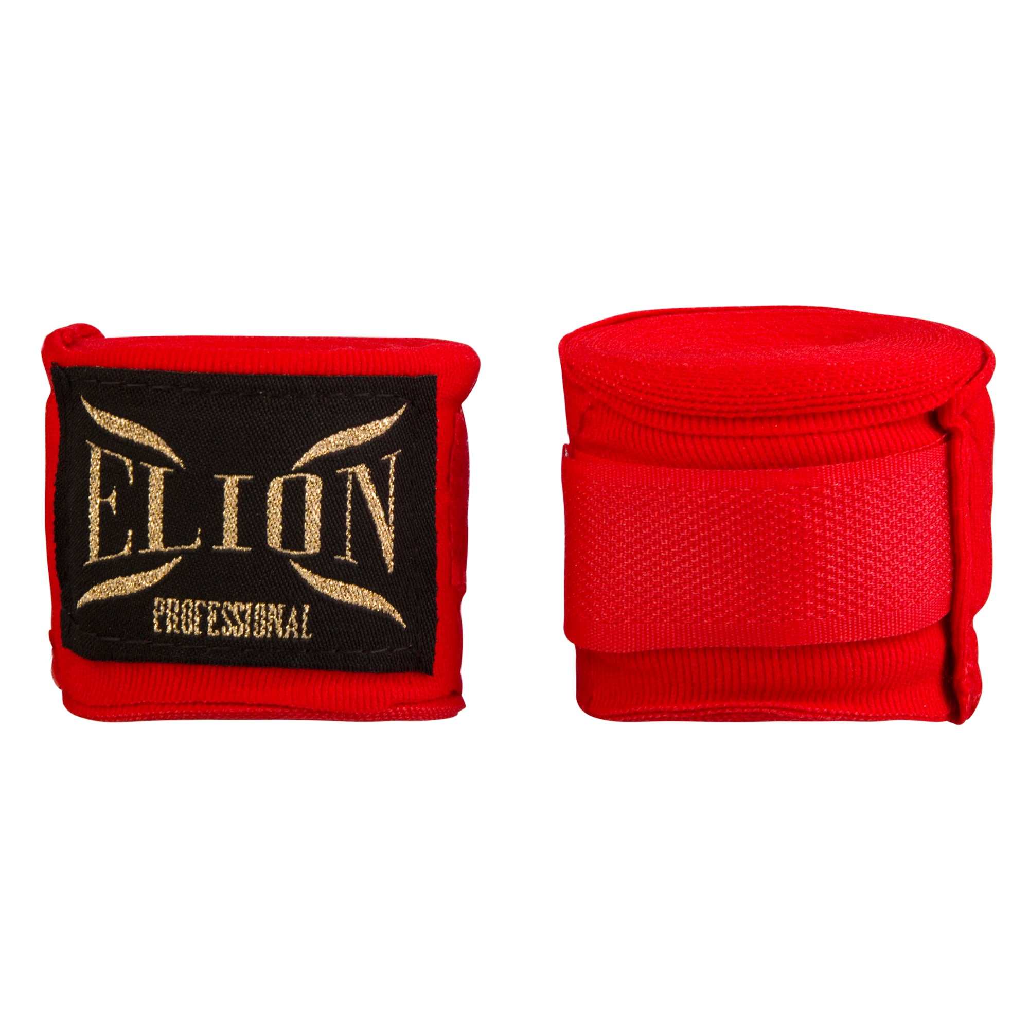 Bandes de boxe ELION rouges 4,5 m en coton et lycra avec attache pouce et velcro, protection poignet optimale.