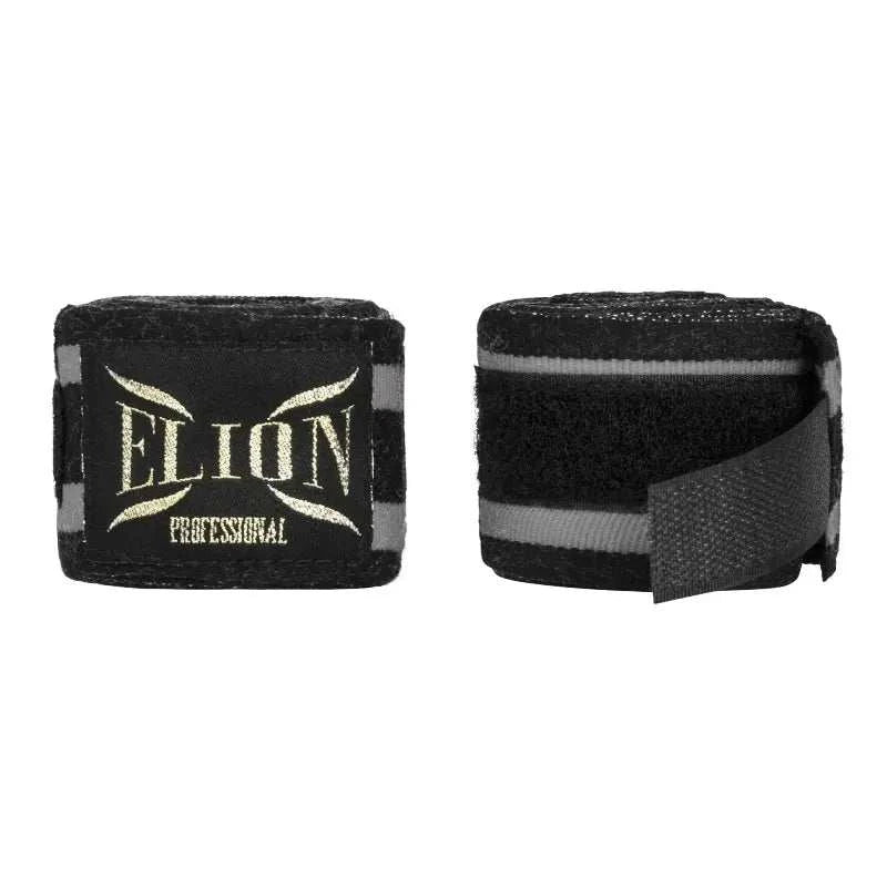 Bandes de boxe Elion 4,5 m noir et gris en coton et lycra avec fermeture velcro et attache pouce pour maintien renforcé des poignets et métacarpes