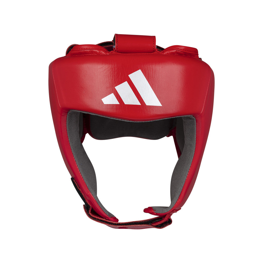Casque de boxe rouge adidas World Boxing homologué compétition amateur cuir rembourrage mousse IMF ajustable velcro
