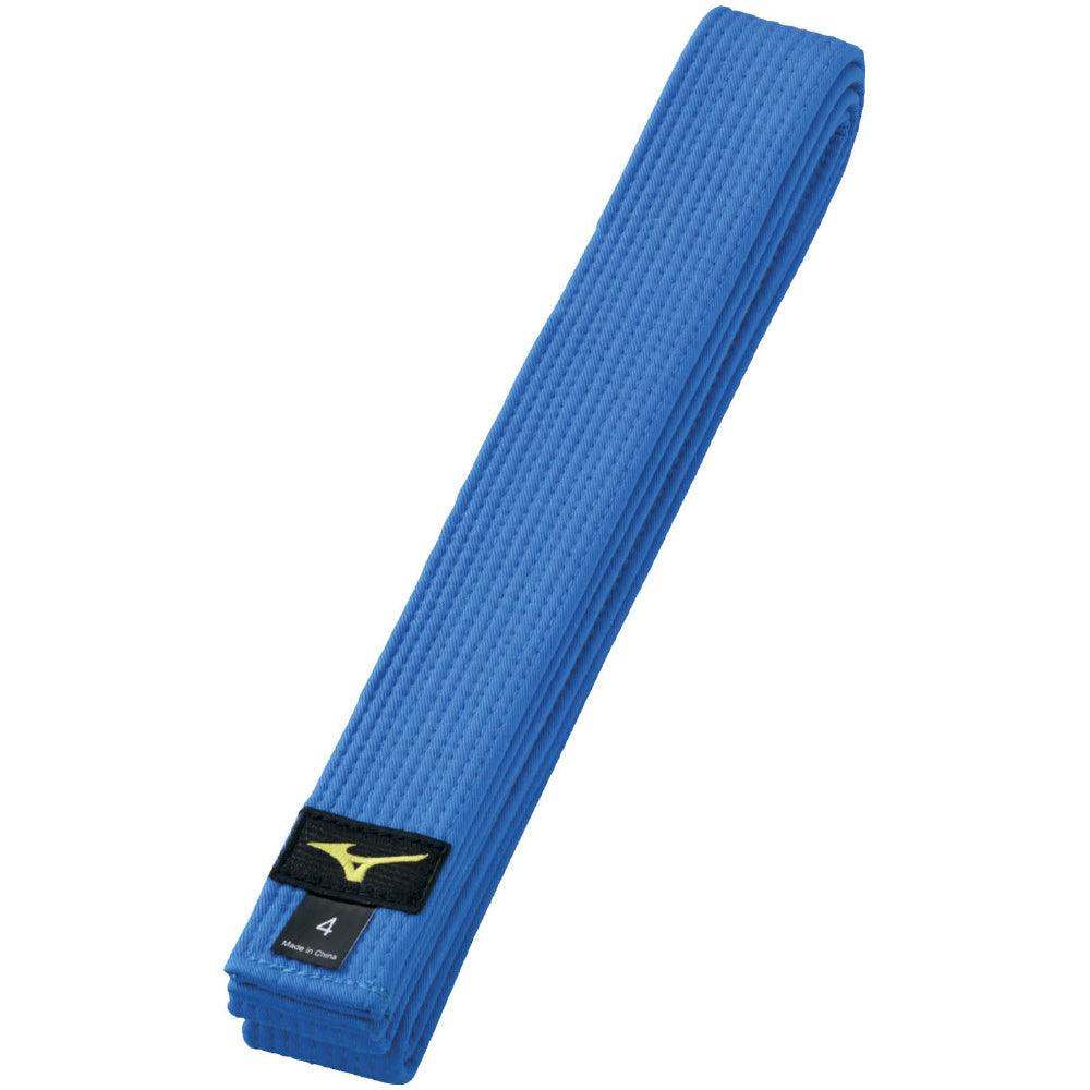 Blue Mizuno judo belt made of durable 100% cotton with reinforced stitching for martial arts practice