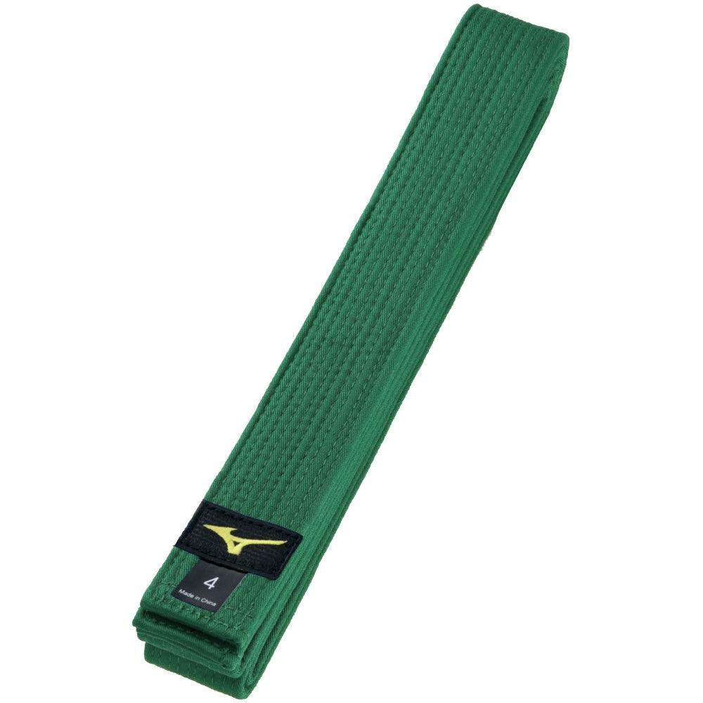 Green Mizuno judo belt made of 100% cotton with multiple stitching for durability, suitable for martial arts training and competition