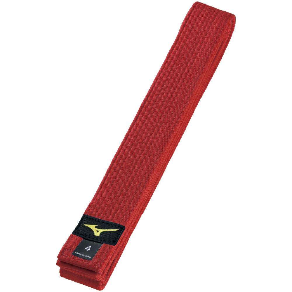Red Mizuno judo belt made of durable 100% cotton, size 4, designed for martial arts including judo and karate.