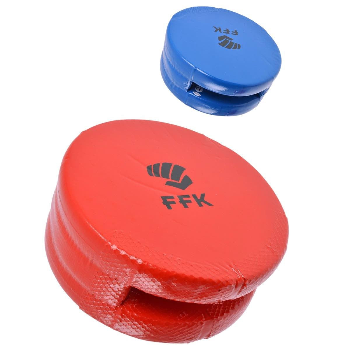 Red and blue Noris FFKarate hand target pads for martial arts training