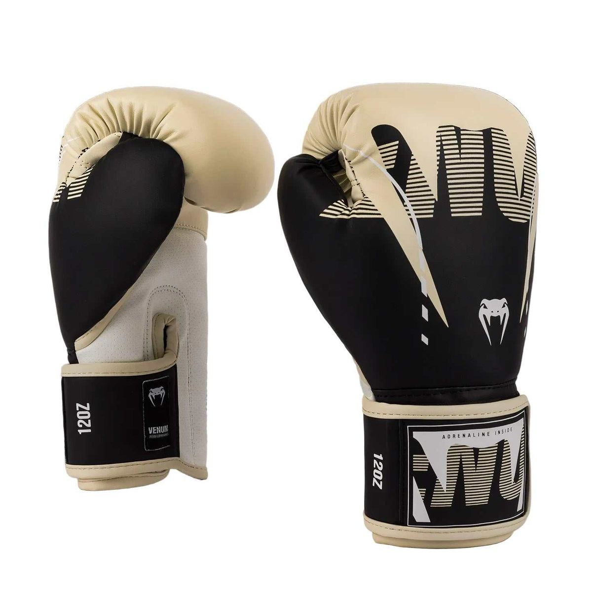 Gants de boxe Venum Adrenaline noirs et ivoire en cuir PU avec rembourrage triple densité pour boxe, kickboxing et Muay Thaï.