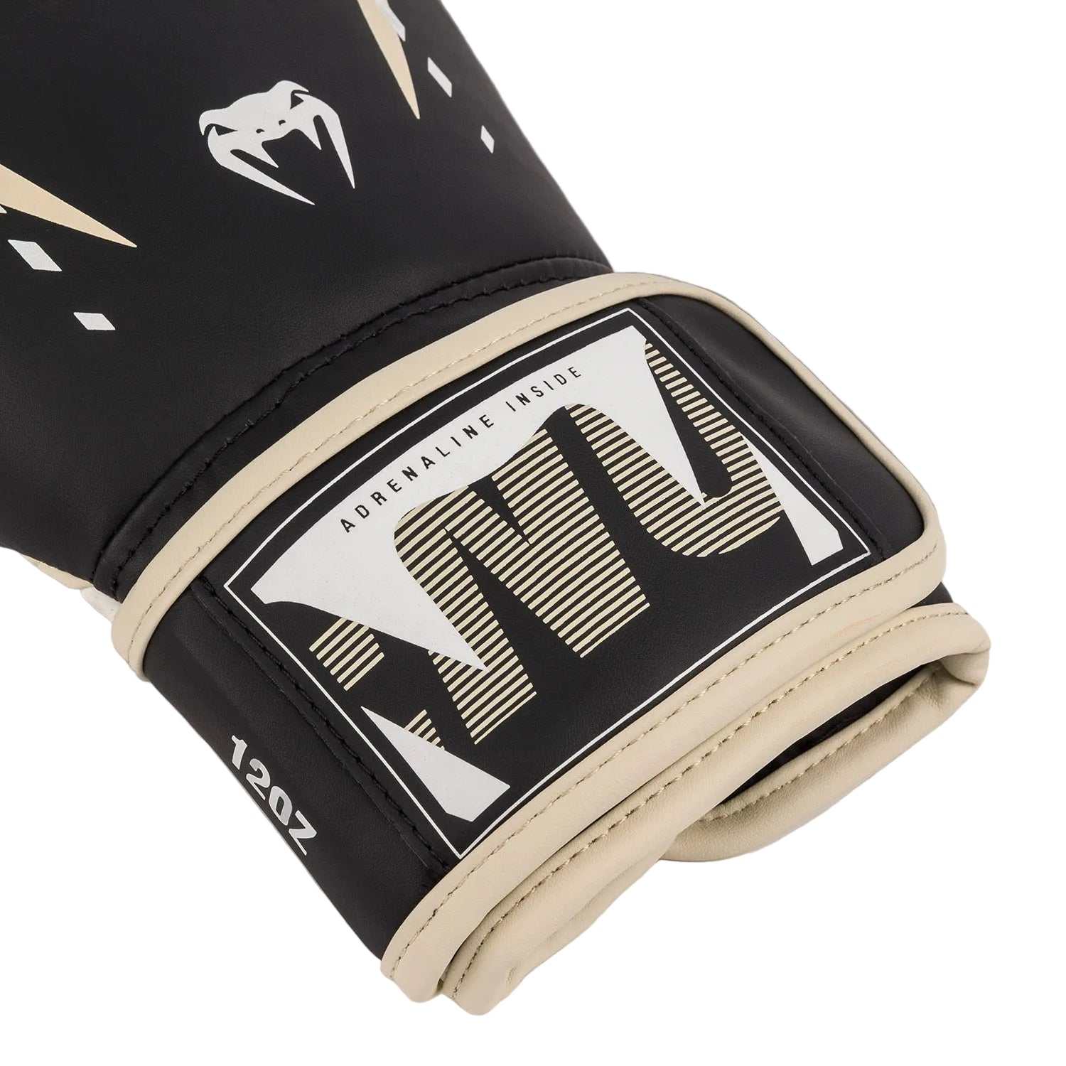 Gants de boxe Venum Adrenaline Noir/Ivoire en cuir PU pour boxe, kickboxing et Muay Thaï, avec mousse triple densité et sangle ajustable.