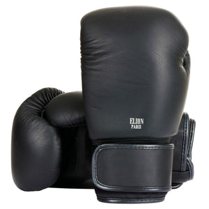Gants de boxe Elion en cuir noir mat haute qualité avec mousse triple densité et logo argenté