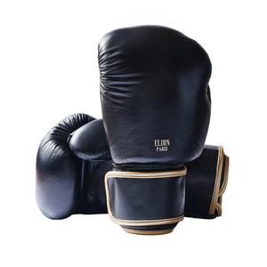 Gants de boxe Elion Collection Paris noir et or en cuir de vache haute qualité avec mousse triple densité et fermeture velcro