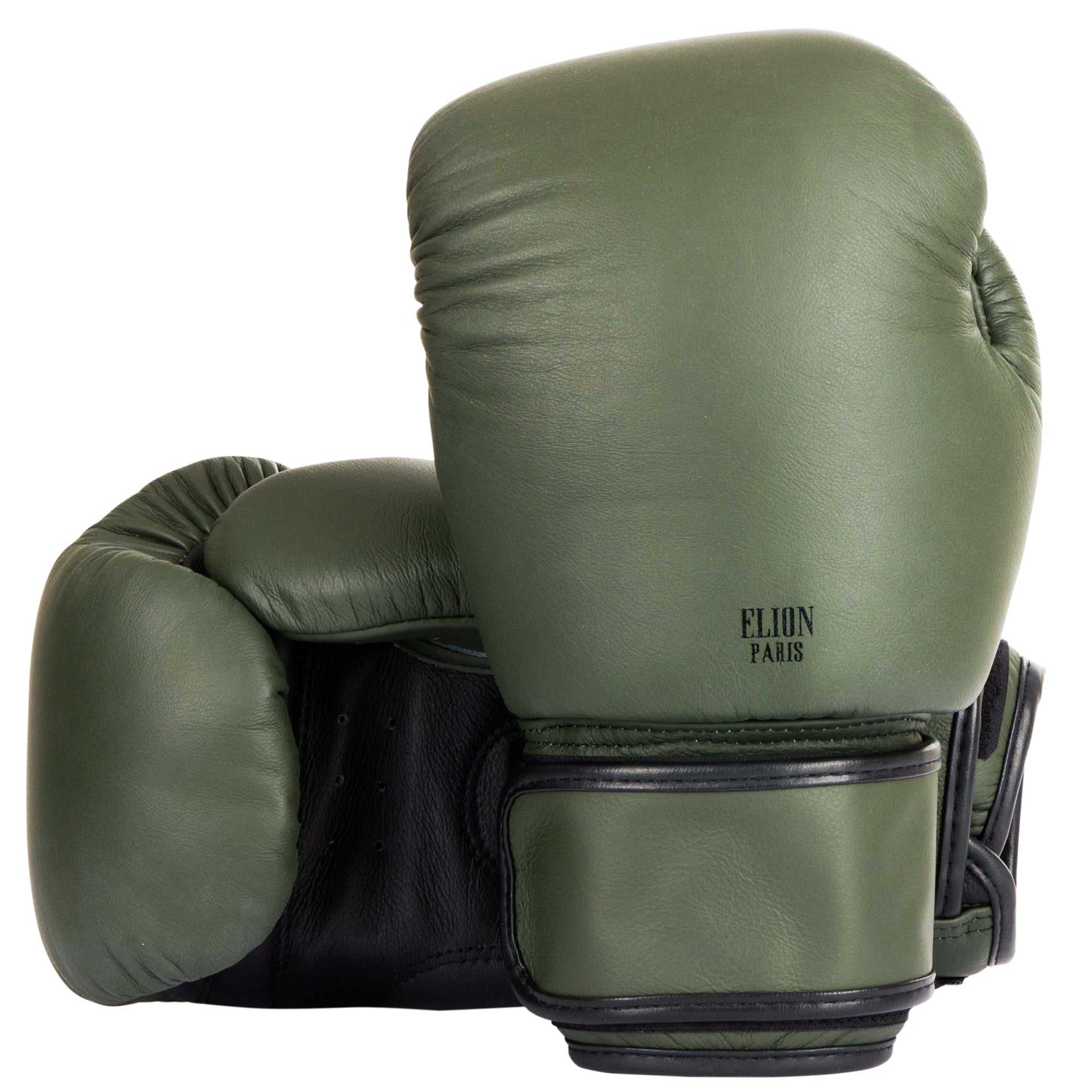 Gants de boxe ELION Collection Paris en cuir kaki mat et noir mat, forme ronde sans renfort de paume, mousse triple densité