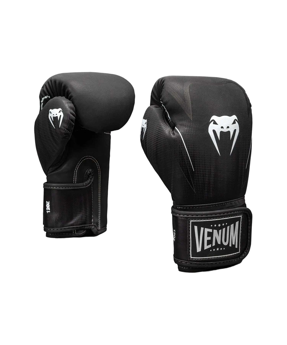 Gants de boxe Venum Stealth noirs et blancs en cuir Skintex avec mousse multi-densité et micro-perforations pour entraînement