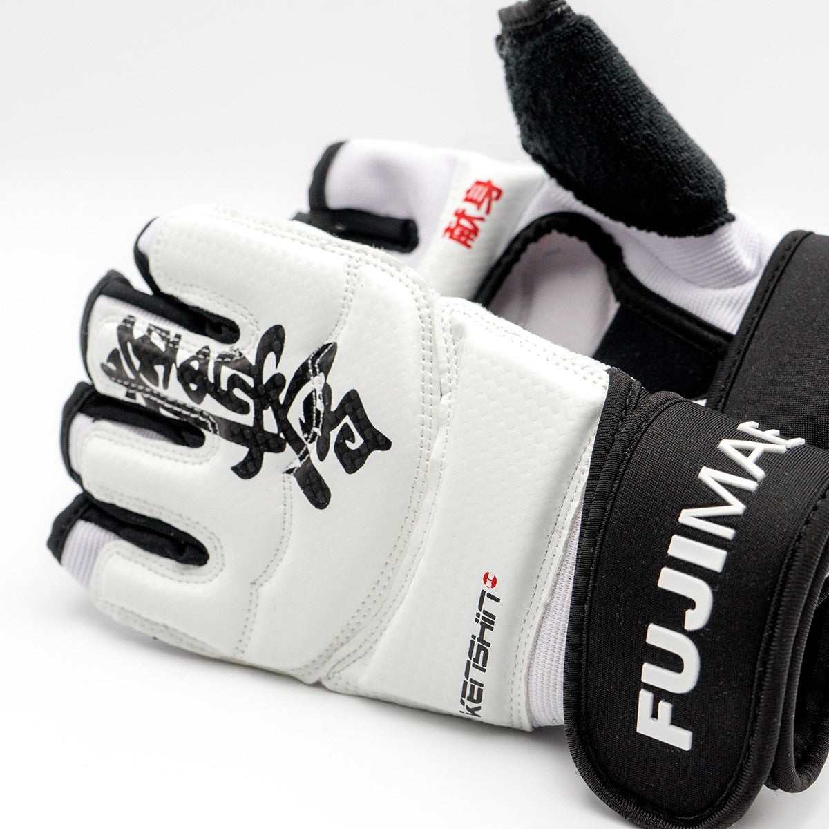 Paire de gants Kyokushinkaï Fuji Mae blanc et noir en polyuréthane respirant