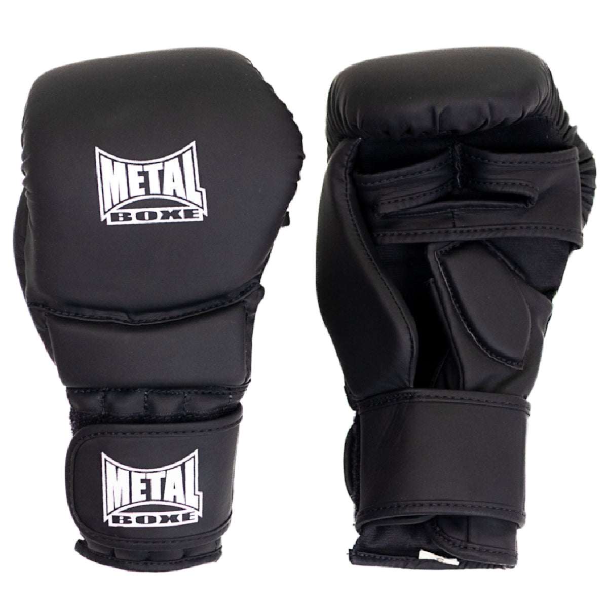 Gants de MMA Metal Boxe Hybrid Guard noirs en PU souple avec protection renforcée et maintien velcro pour sparring et grappling
