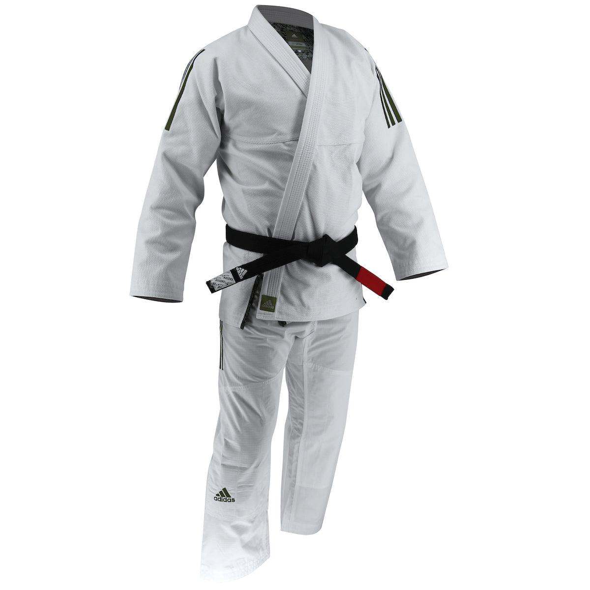 Kimono de JJB Adidas Contest 2.0 blanc avec veste en Pearl Wave polycoton et pantalon ripstop renforcé pour jiu-jitsu.