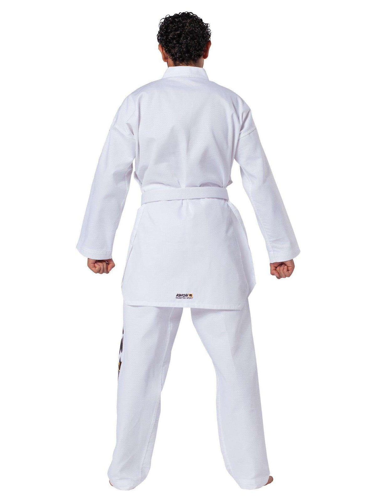 Back view of a person wearing a white Dobok de Taekwondo Starfighter Kwon uniform with long, loose jacket and pants.