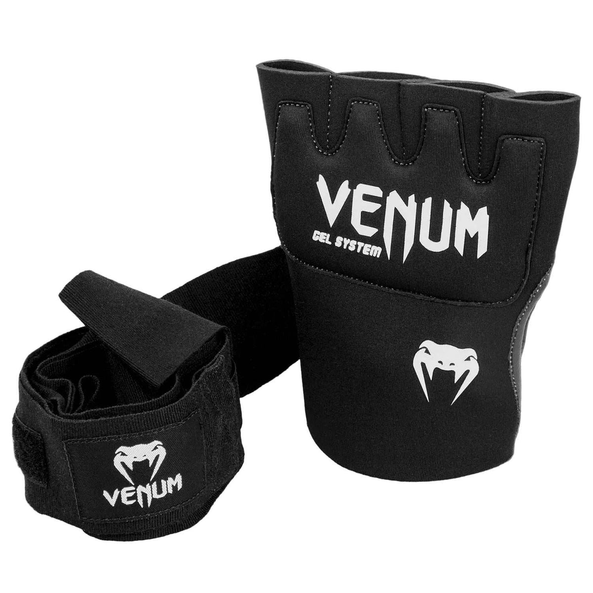 Mitaines Gel Venum noires avec amorti gel pour protection et maintien optimal des poignets lors d'entraînements de boxe et MMA