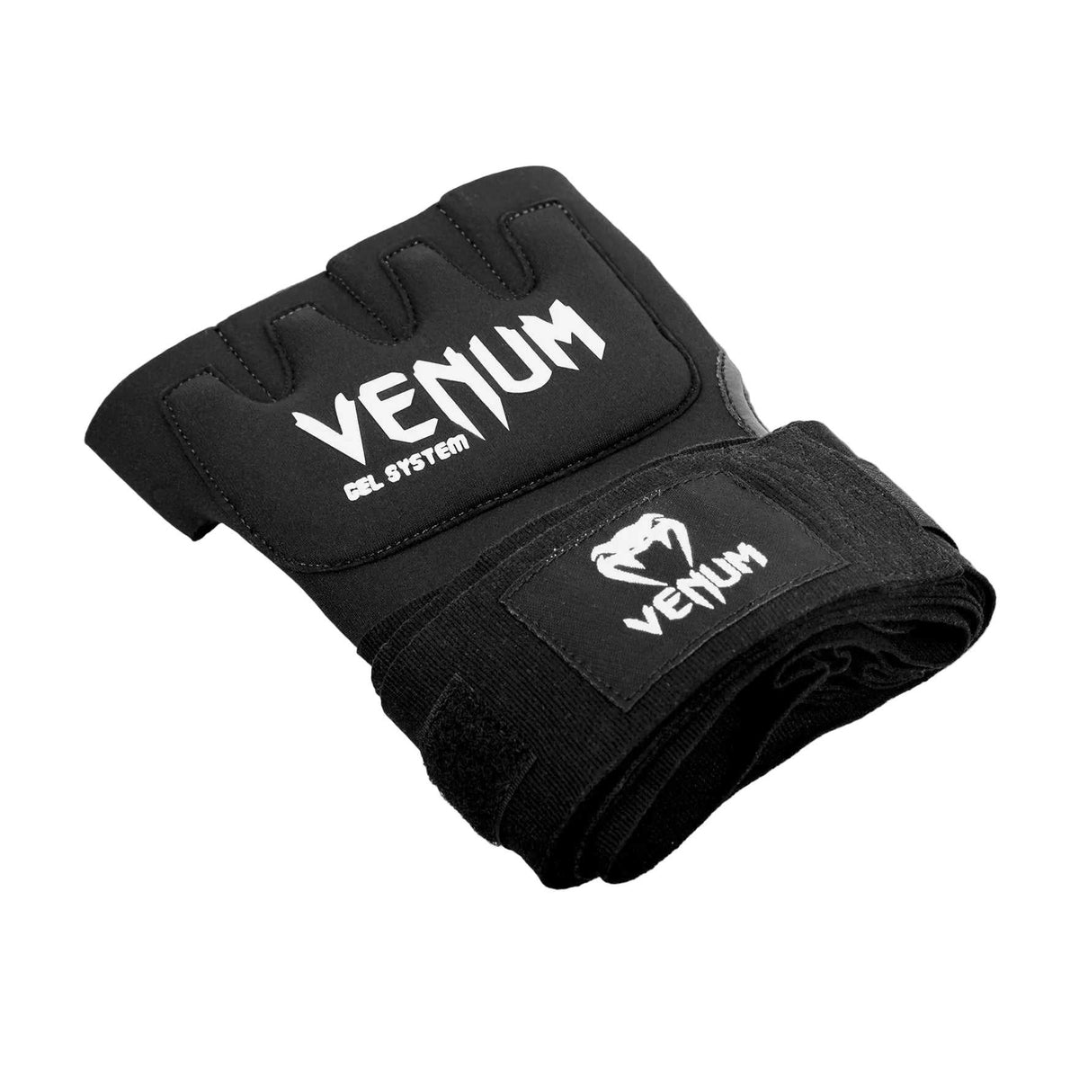 Mitaines gel Venum Kontact noires avec système d’amorti Gel Shock™ pour protection et confort en boxe, muay-thaï et MMA.