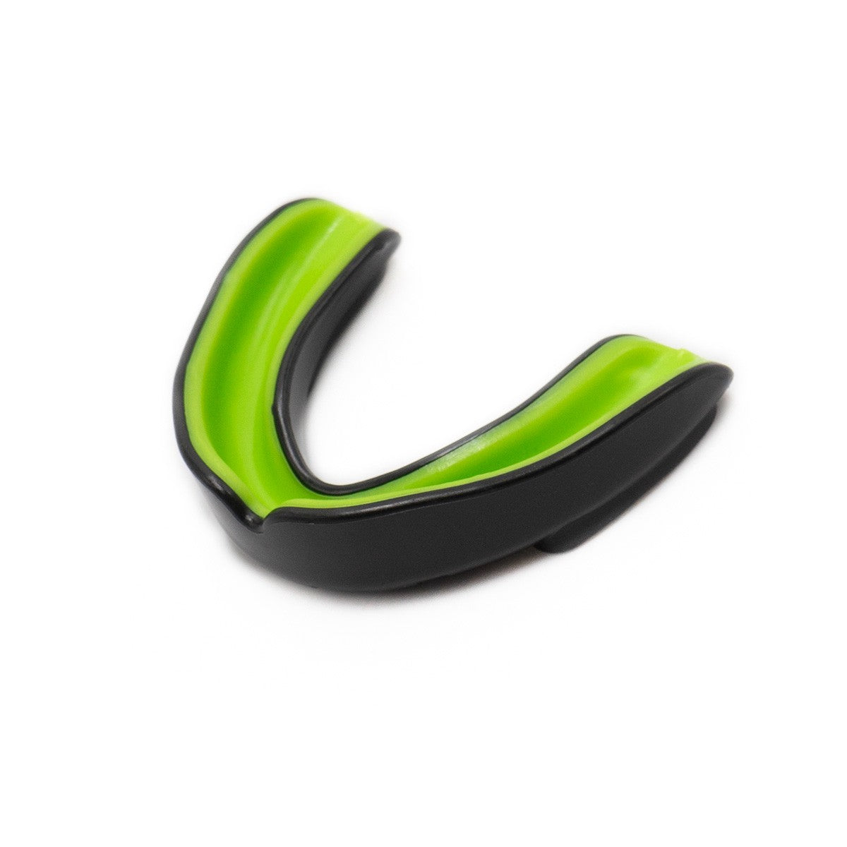 Protège-dents FUJIMAE double gel noir et vert lime pour dentition supérieure avec renfort molaires et canaux de ventilation
