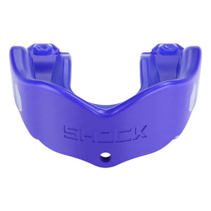 Protège-dents Shock Doctor bleu en matière moulée, avec une coque enveloppante et le nom de la marque en relief.
