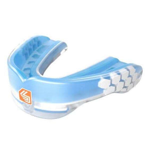 Protège-dents Gel Max bleu transparent, en matériau moulable, avec grille interne blanche renforcée et profil bas.