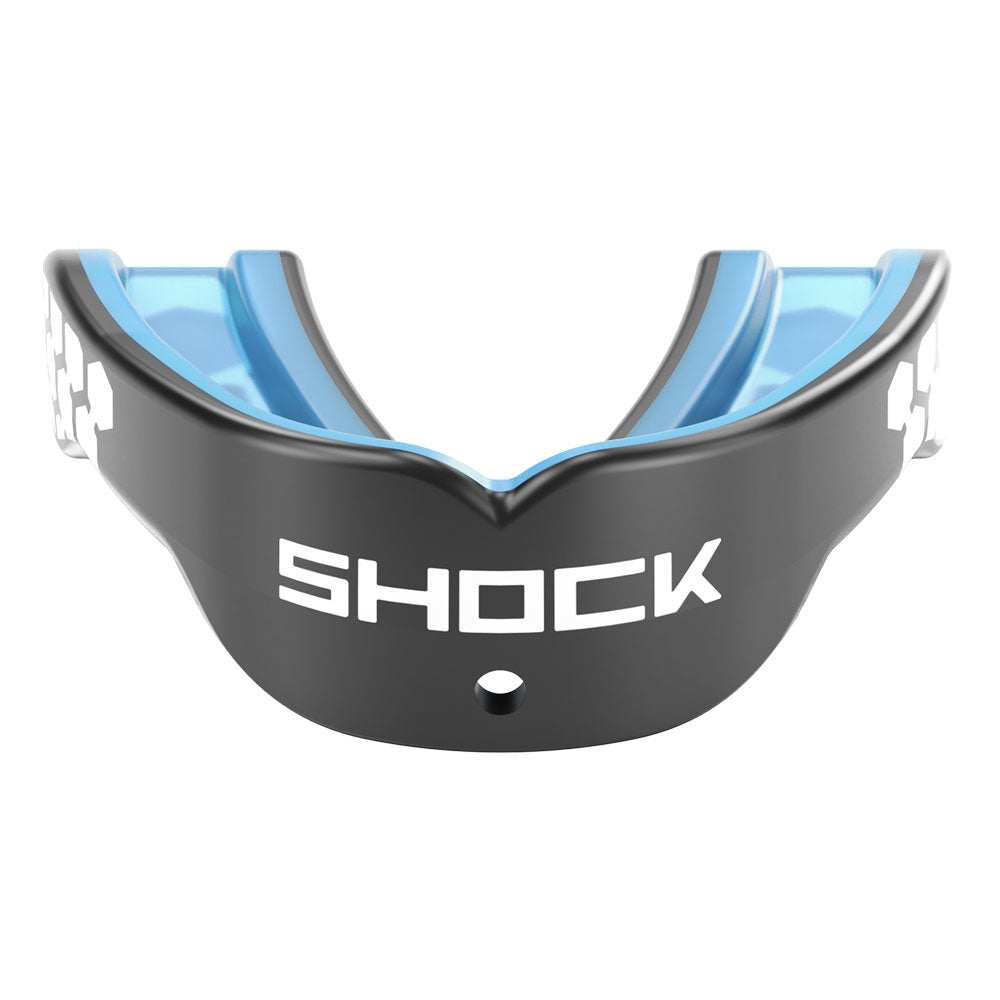 Protège-dents Gel Max noir et gris, avec intérieur bleu translucide, coque profilée et logo Shock blanc.