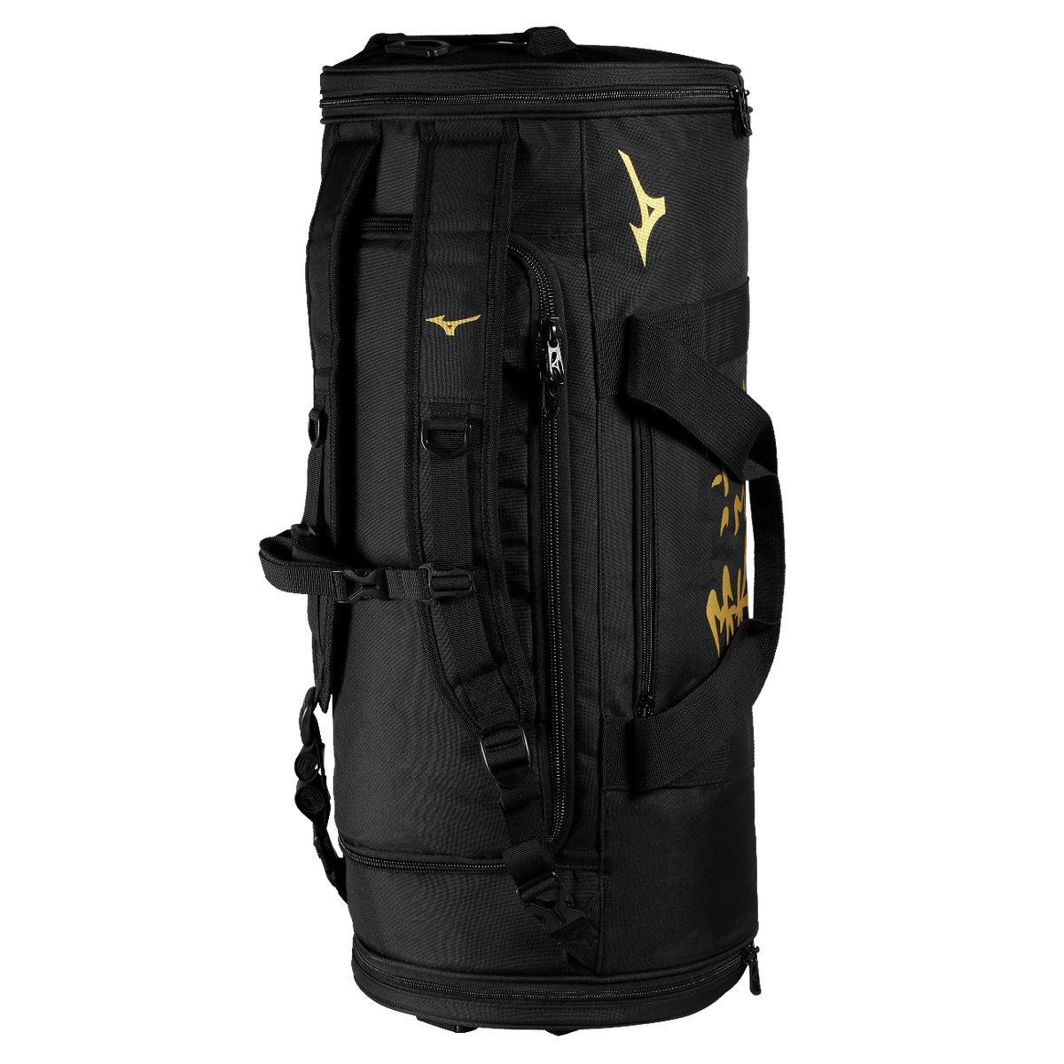 Black Mizuno Multiway Judo sports bag with gold logo and Japanese judo markings, large central compartment and backpack straps