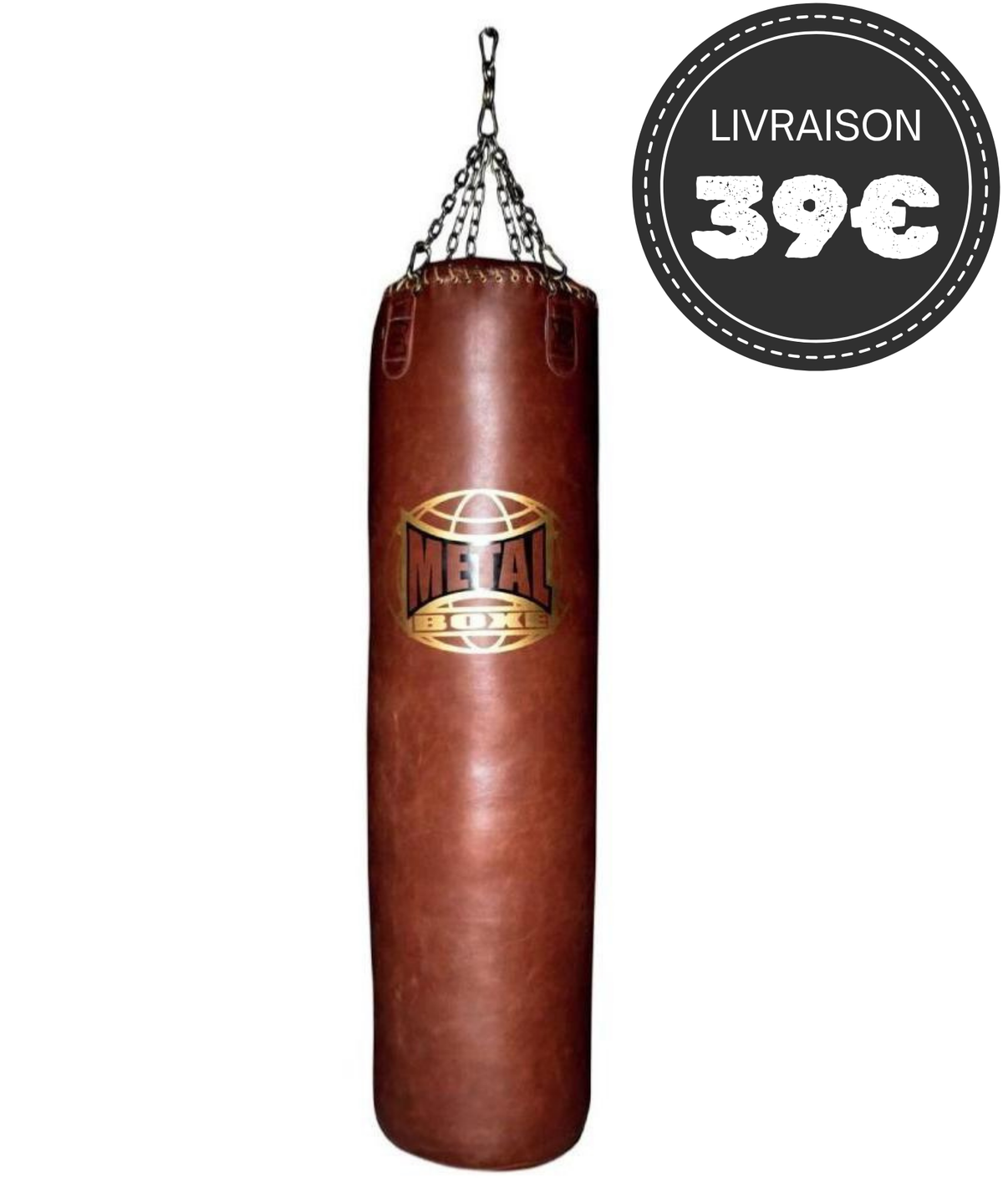 Sac de frappe cuir Metal Boxe Jupiter 150 cm design old school en cuir naturel vieilli, 60 kg