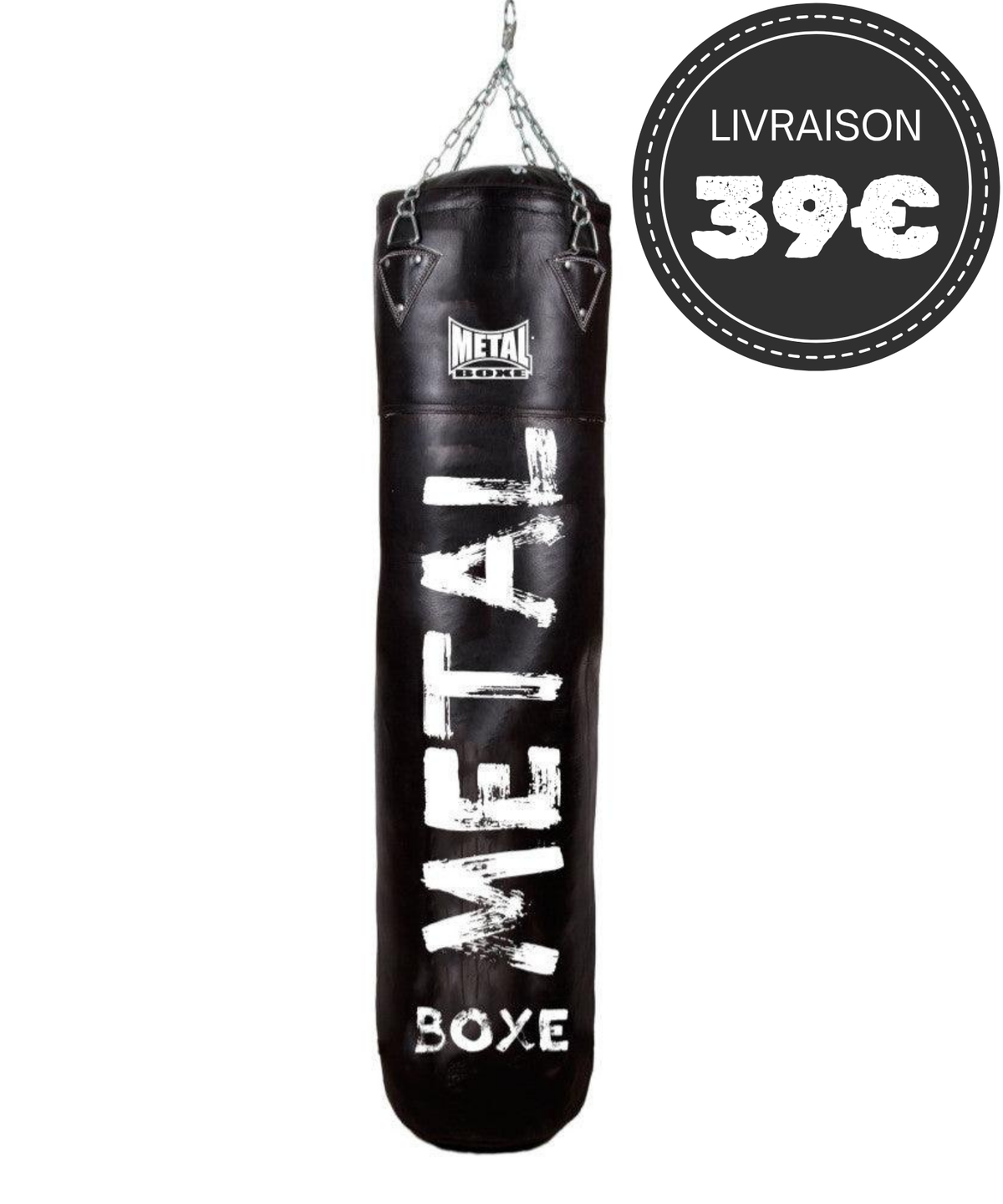 Sac de frappe en cuir noir Metal Boxe Heracles, robuste et durable pour arts martiaux et boxe.