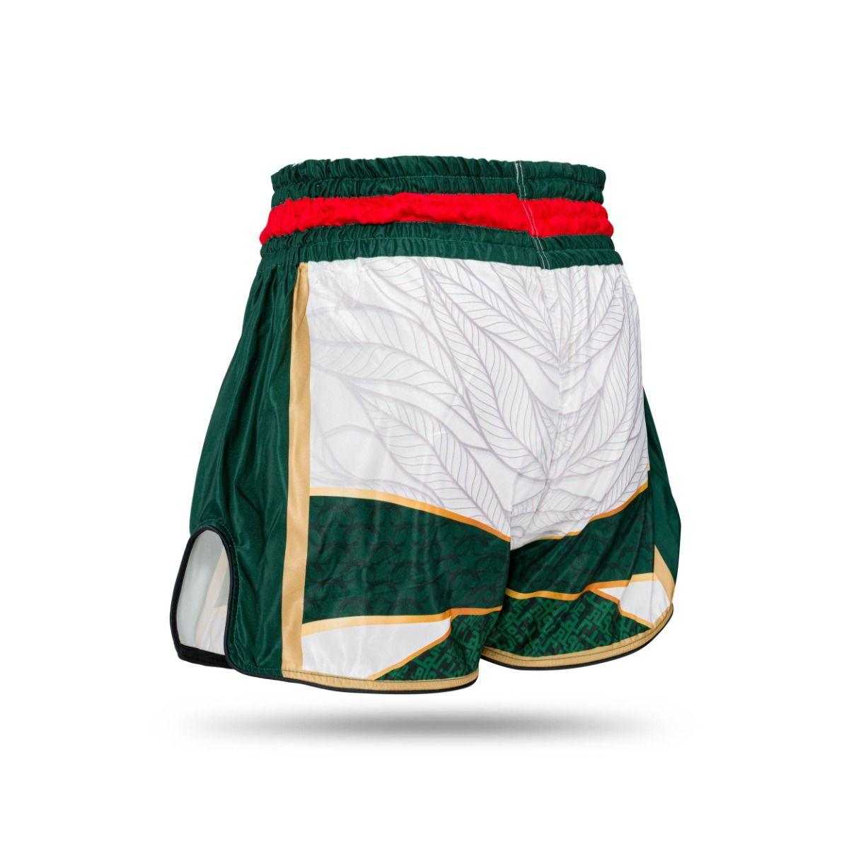 Green and white Muay Thai shorts with red waistband and Algerian-inspired design by Booster Fight Gear
