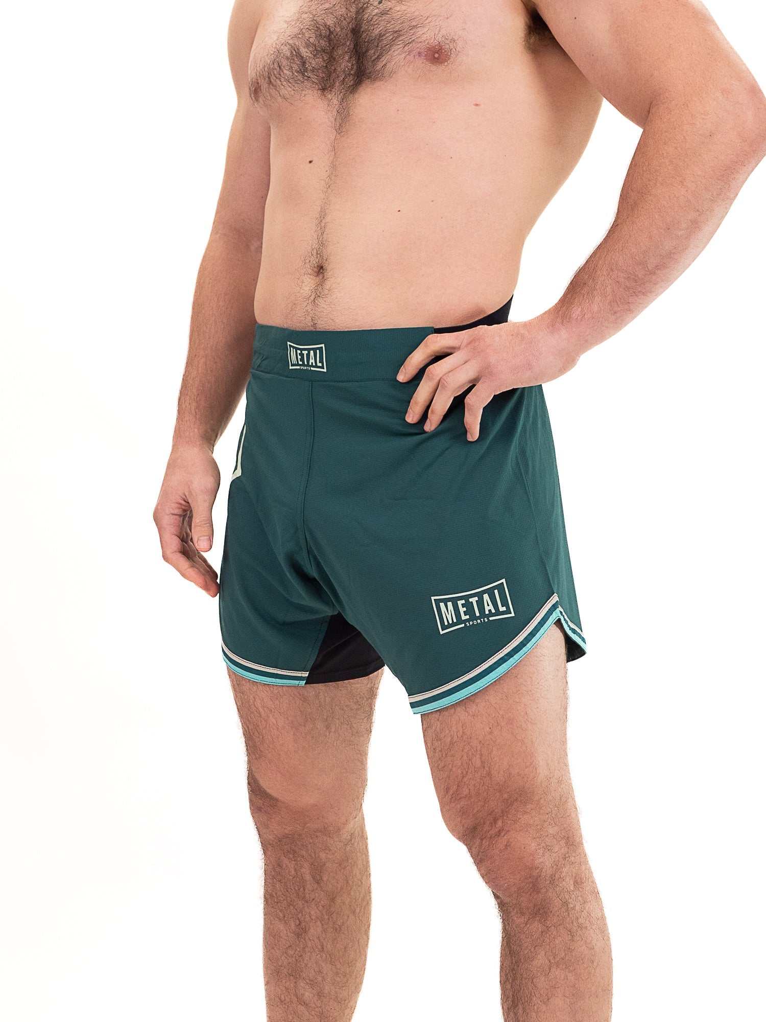 Short de combat MMA Metal Boxe Deep Waters bleu avec ceinture élastique et fentes latérales pour MMA et grappling