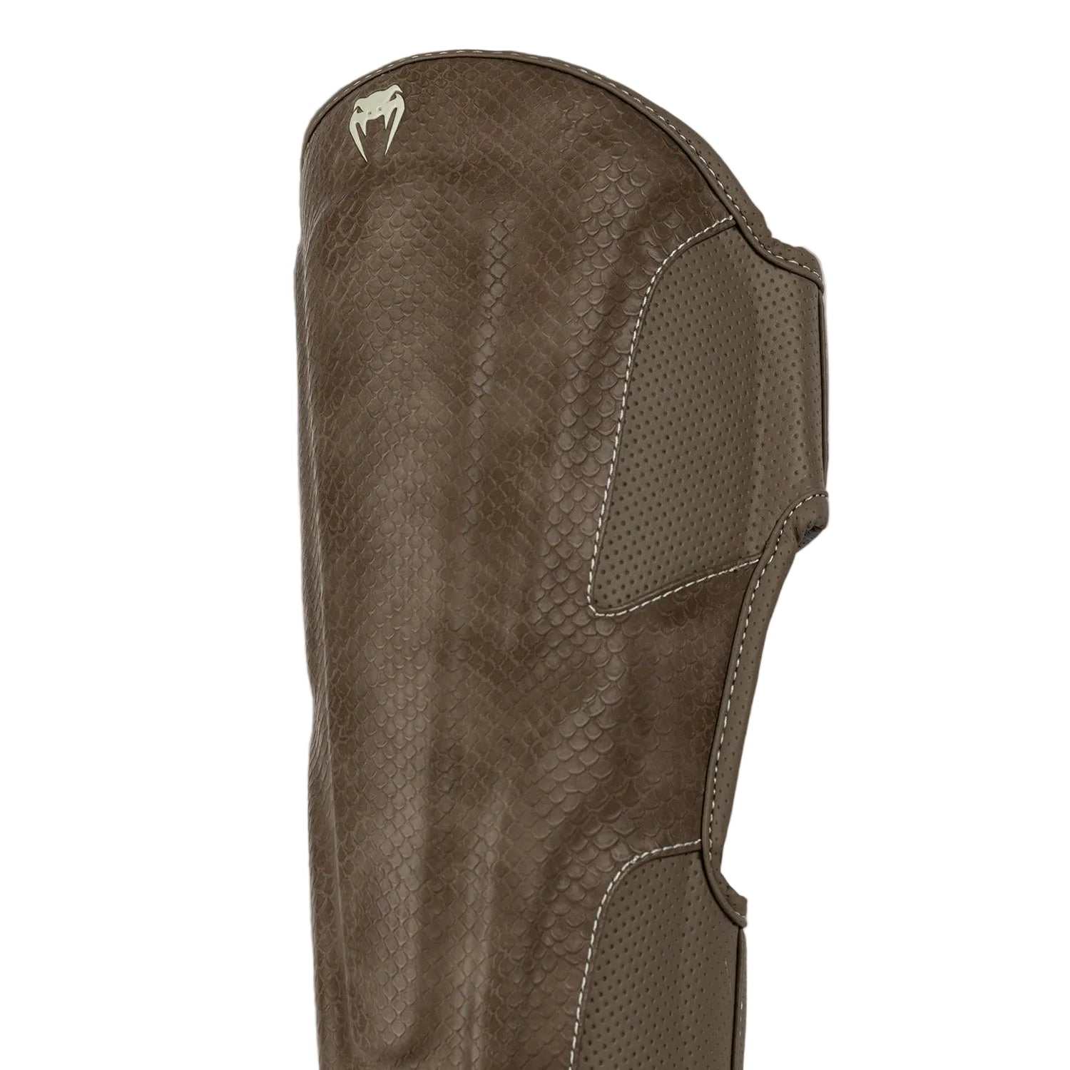 Protège-tibias Venum Impact Evo Scales marron en cuir premium pour boxe et MMA