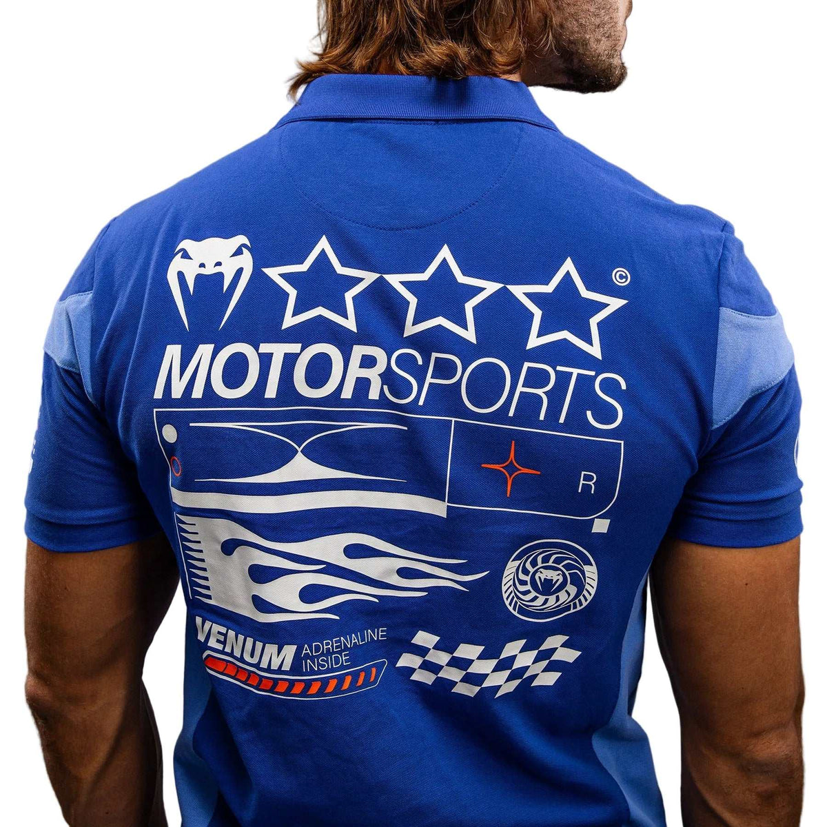 Polo Venum Motorsport bleu royal en coton respirant avec col zippé et patchs motorsport