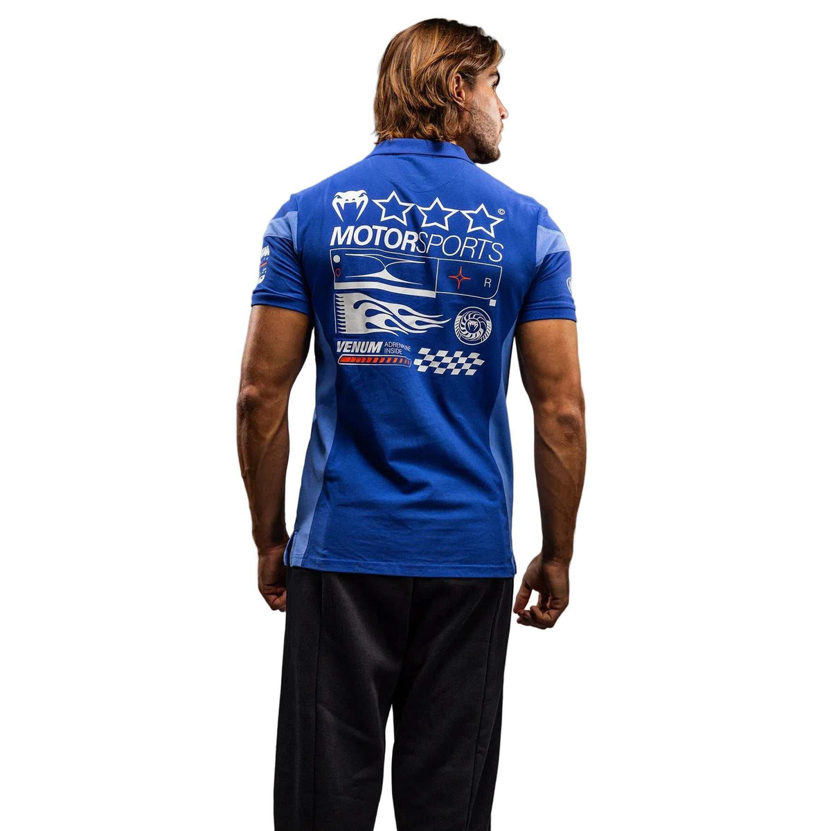 Polo Venum Motorsport bleu royal en coton avec col zippé et patchs motorsport