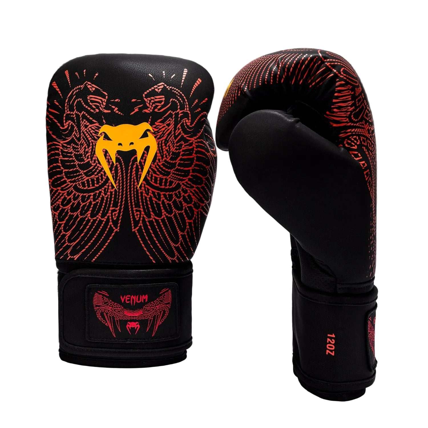 Gants de boxe Venum Quetzal Fury noir rouge mandarine avec mousse triple densité et velcro ajustable