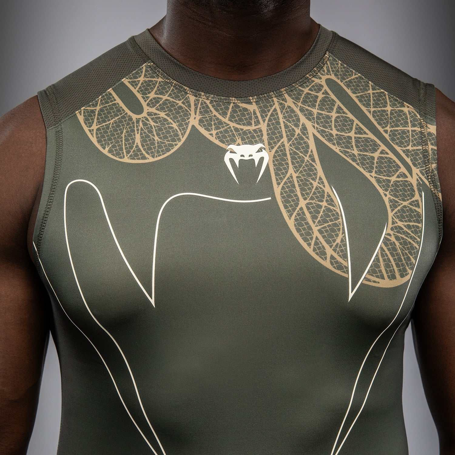 Rashguard sans manches Venum Serpenti kaki bronze ivoire pour grappling et MMA