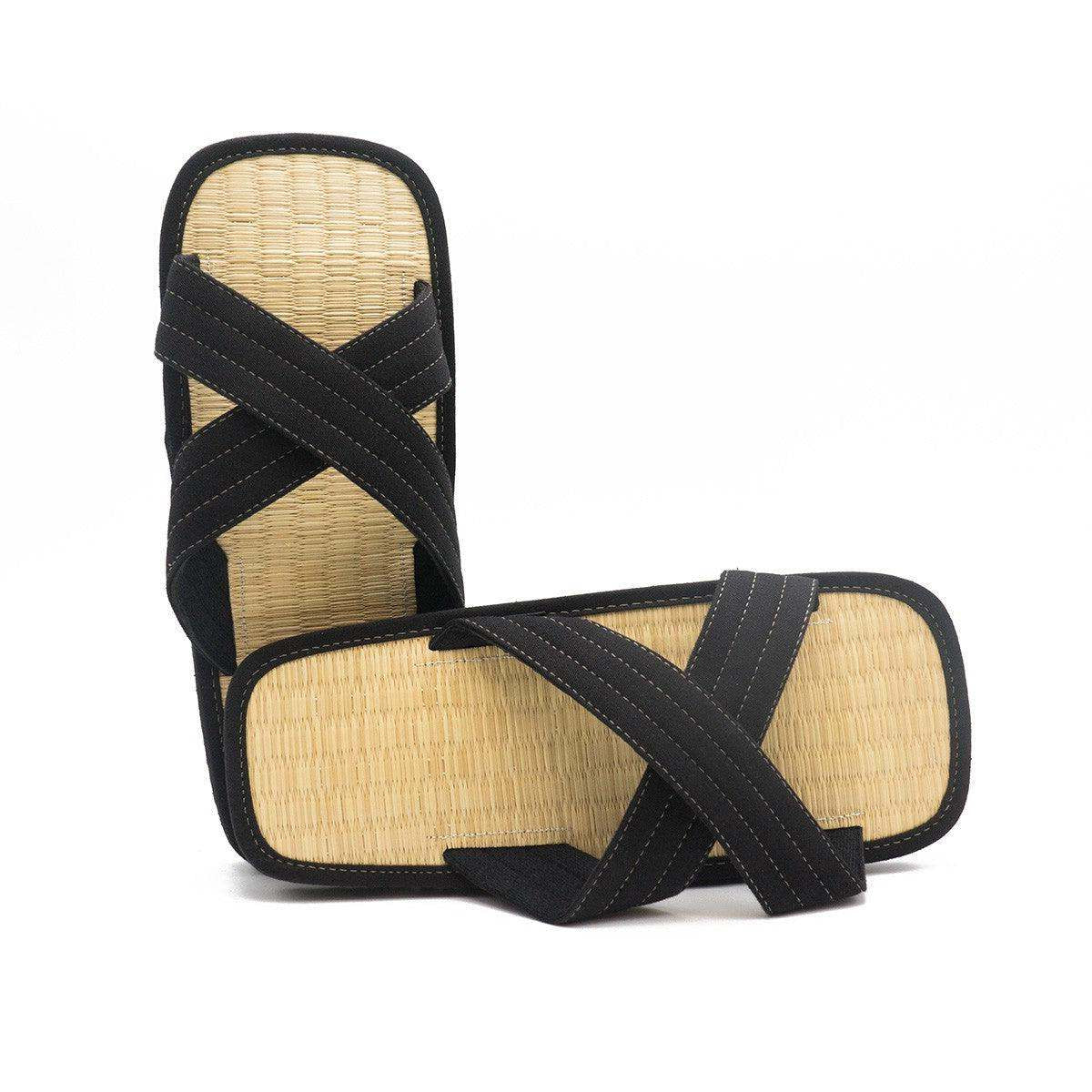Pair of Zori FUJIMAE traditional tatami sandals with black X-shaped straps and natural rice straw soles.