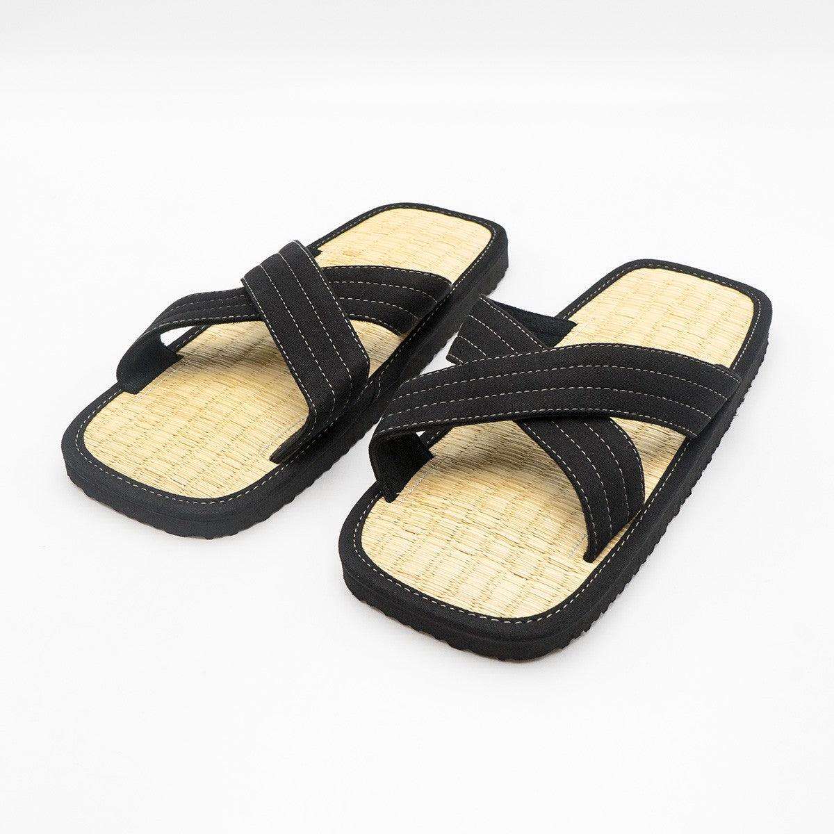 Pair of Zori FUJIMAE traditional rice straw sandals with black cross straps for martial arts comfort and hygiene on tatami mats