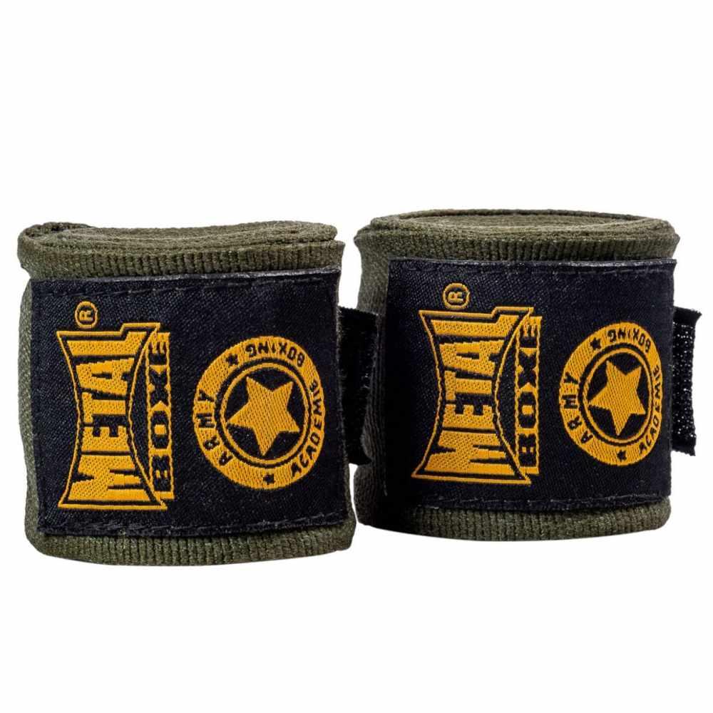 Pair of Metal Boxe branded wrist wraps in black and olive green for boxing and martial arts training