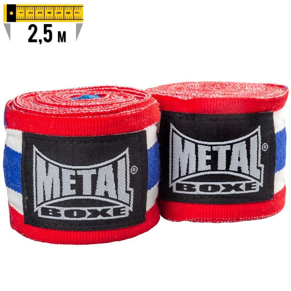 Red blue and white Metal Boxe wrist wraps, 250 cm long, designed for boxing and martial arts training.