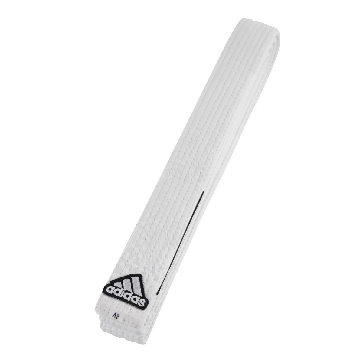 White Adidas Ceinture Jiu Jistu Brésilien belt with logo and reinforced stitching for Brazilian Jiu Jitsu training.