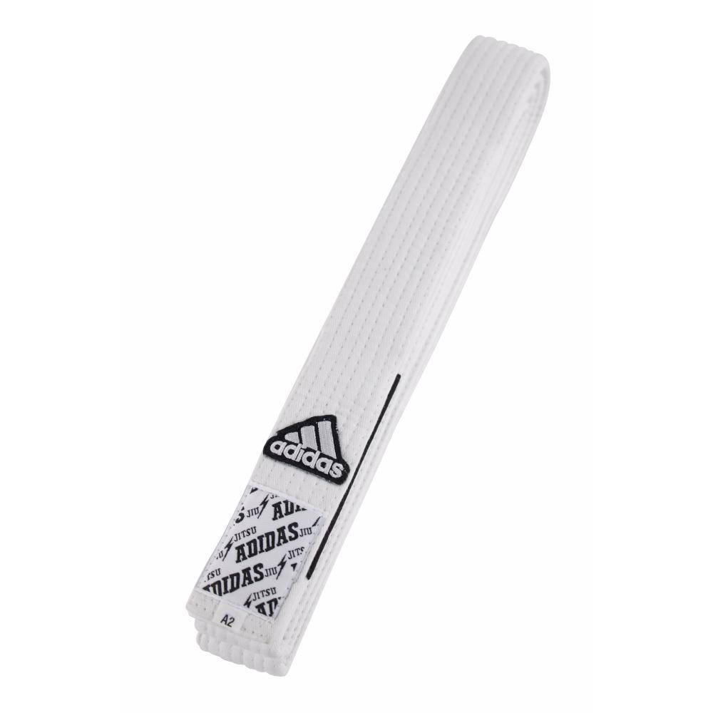 White Adidas Elite Brazilian Jiu Jitsu belt with black Adidas logo and reinforced stitching