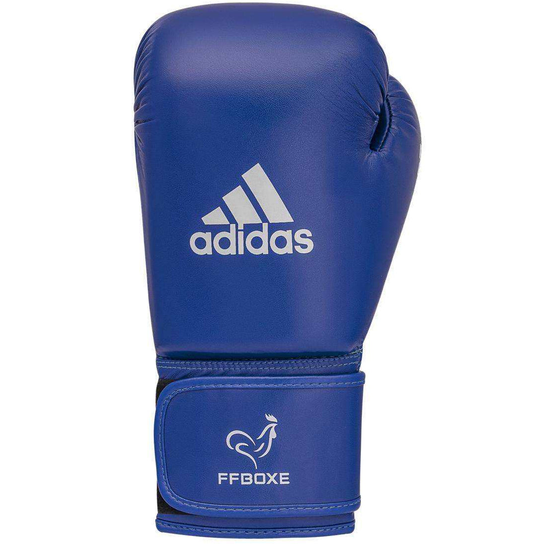 Gant de boxe amateur FFB Adidas bleu en PU avec fermeture scratch, approuvé IBA pour compétition officielle
