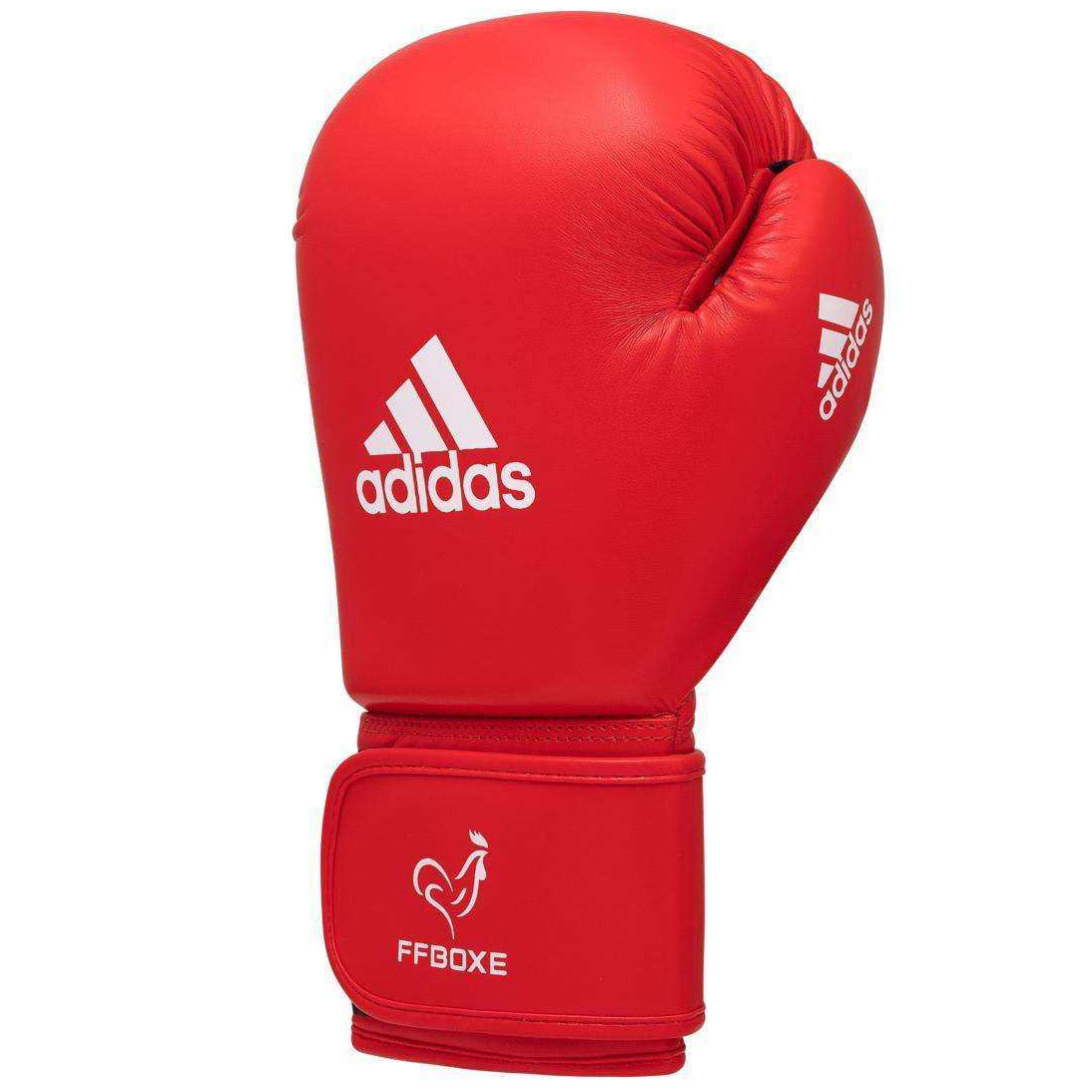Gant de boxe amateur FFB Adidas rouge en PU, approuvé IBA, fermeture scratch, mousse IMF absorbante, taille 10 ou 12 oz.