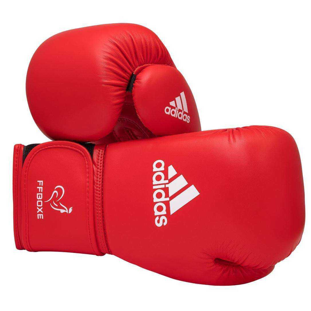 Gants de boxe amateur FFB Adidas rouges en PU supérieur avec fermeture scratch, approuvés IBA pour compétition