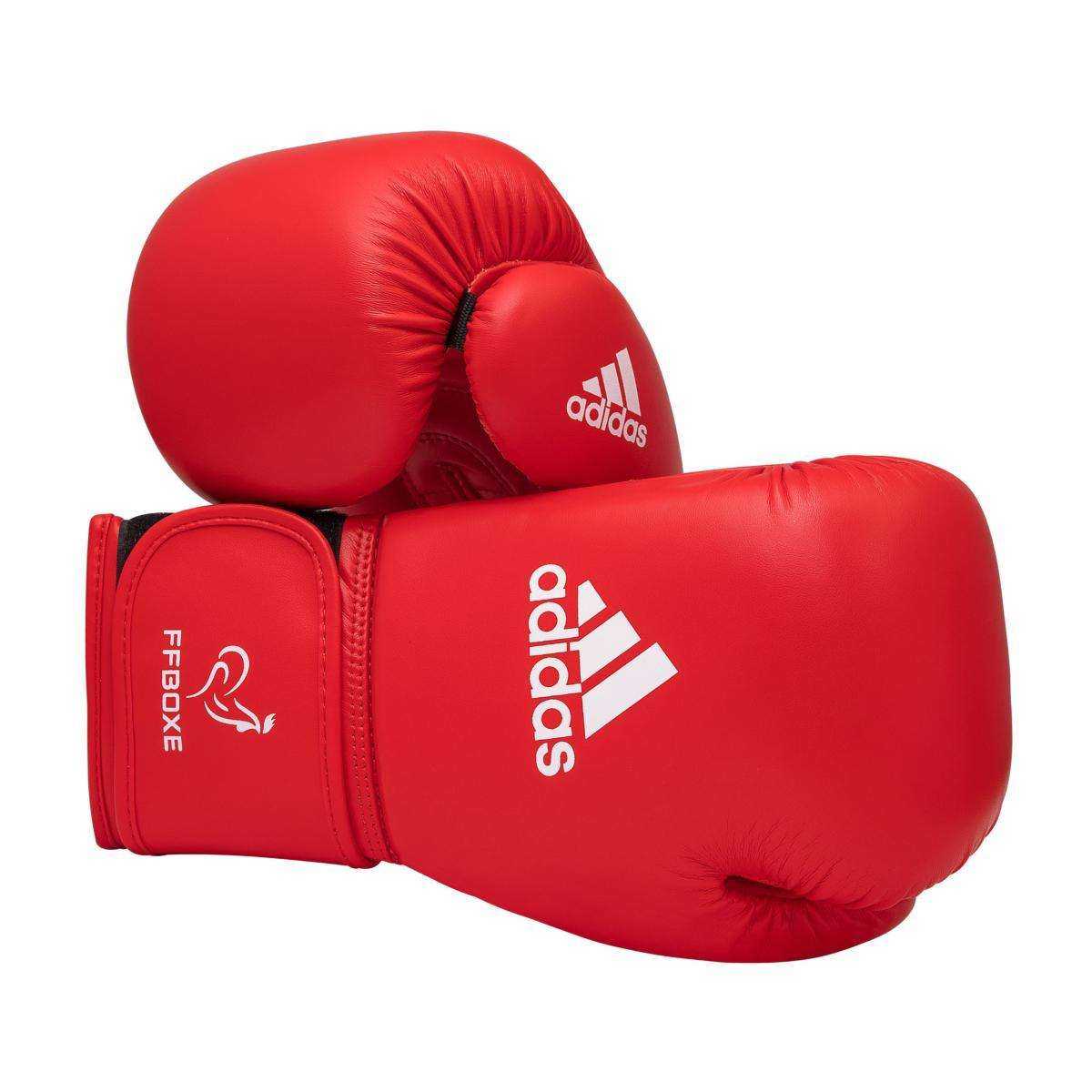 Gants de boxe amateur FFB Adidas rouges en PU supérieur avec fermeture scratch, approuvés IBA pour compétition