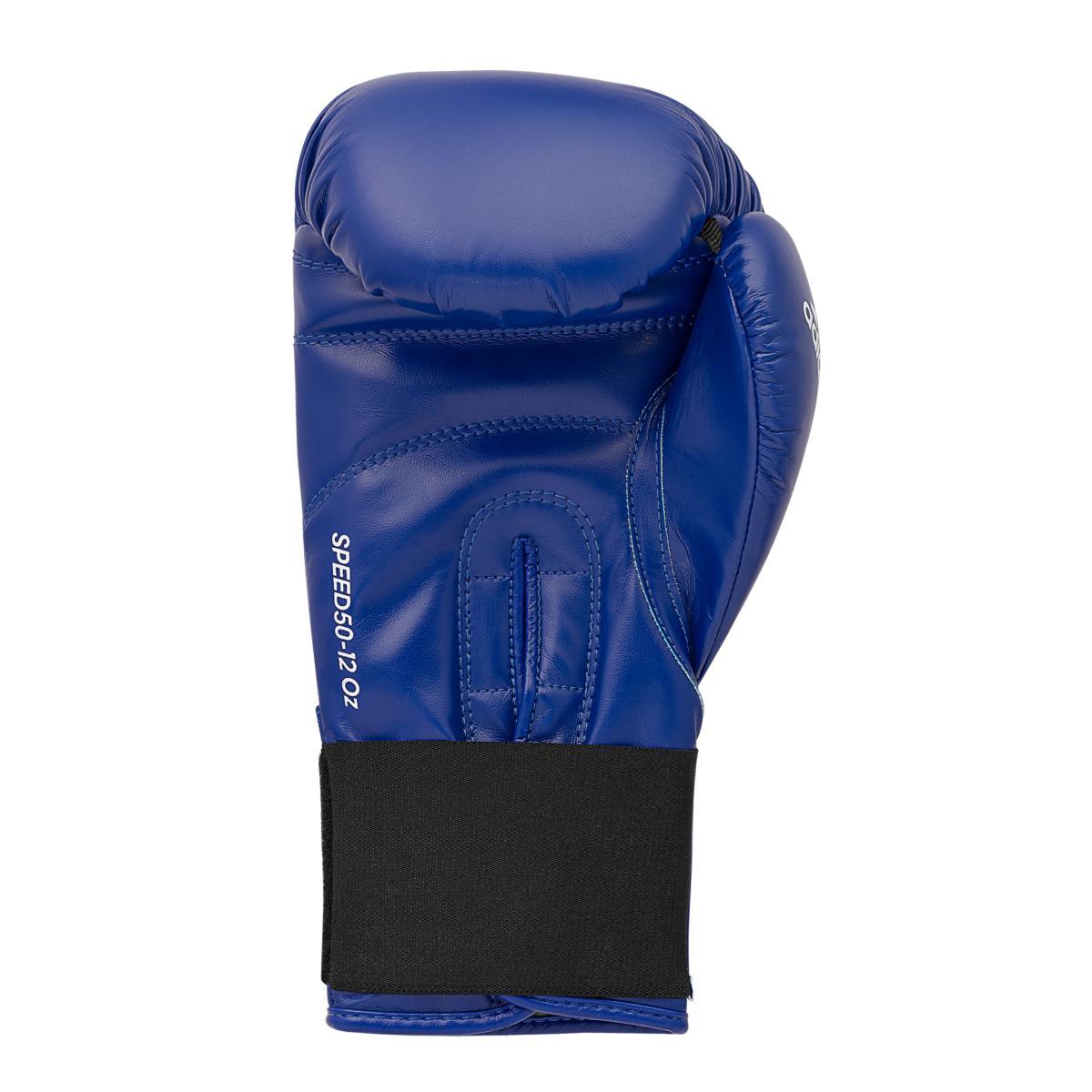 Blue Adidas Gants de Boxe Educative Speed 50 boxing glove with black wrist strap designed for beginners and training in educational boxing.