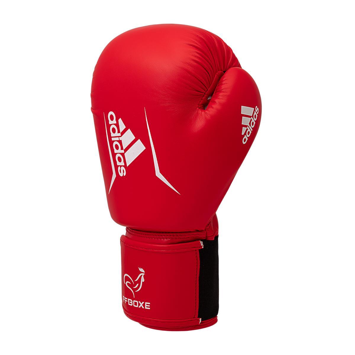 Red Adidas Gants de Boxe Educative boxing glove with white Adidas and FFBoxe logos, designed for beginners and training.