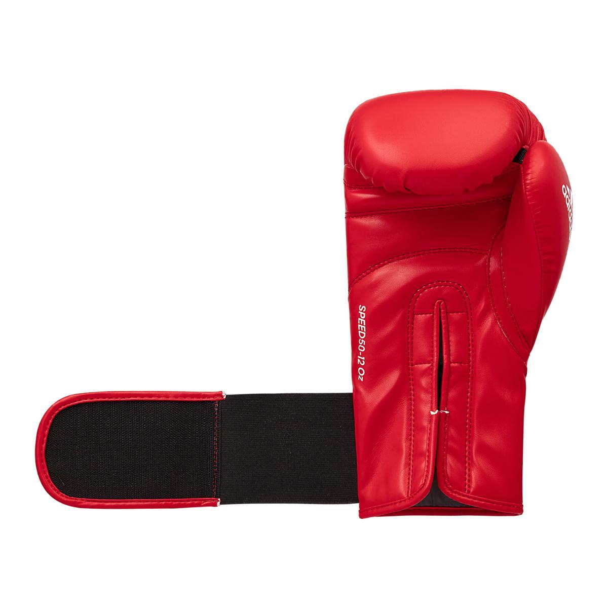 Red Adidas Gants de Boxe Educative boxing glove with open wrist strap and Velcro closure for training beginners.