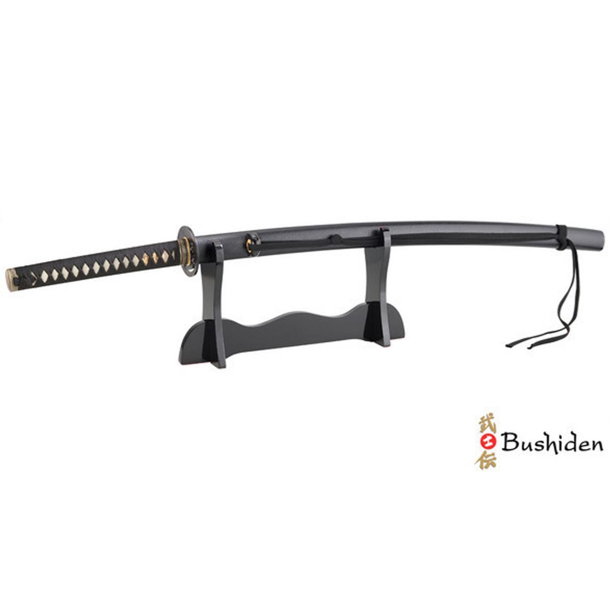 Katana Bushiden Ookaze 73 cm with steel blade and black cotton handle on wooden stand
